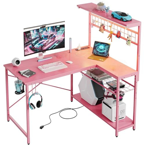 Bestier L-Shaped Gaming Desk with Power Outlets, LED Workstation with 4 Tiers Shelves for Home Office, Gamer Reversible Table with Hooks and Cup (PDCF, 106cm)