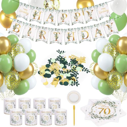 Kaluofan 70. Geburtstag Deko Set, Servietten, Windlichter, Konfetti, Luftballons, Banner - Eukalyptus Stil, Grün, Weiß, Gold