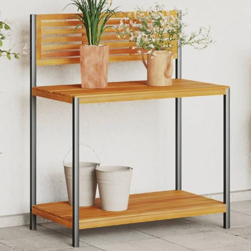Homgoday Table de travail de jardin en bois d'acacia et acier 90 x 50 x 110 cm, table de jardinage, table de plantation, table de culture, jardin pour plantation, table de travail pour jardin, patio