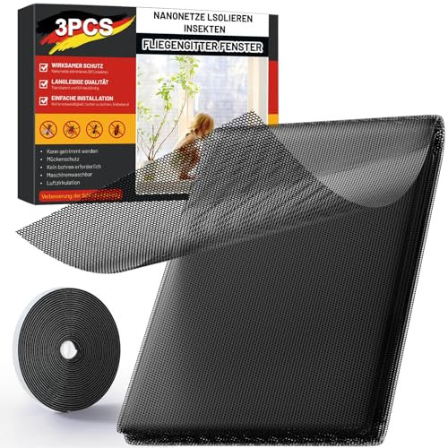 ZUIYIN Fliegengitter für Fenster (3er Set | 130 x 150 cm | Schwarz) – Zuschneidbarer Insektenschutz & Mückenschutz Fenster ohne Bohren, Upgrade 2.0 mit Stärkerer Klebekraft