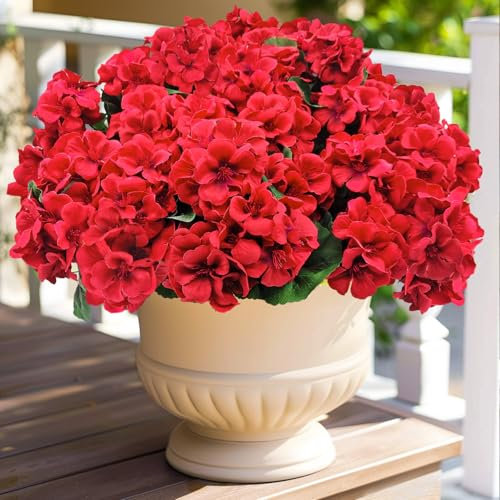 Guagb Flores artificiales de geranio para exteriores, resistentes a los rayos UV, de seda roja, planta de geranio falsa para el hogar, interior, exterior, macetas delanteras, porche, patio, decoración