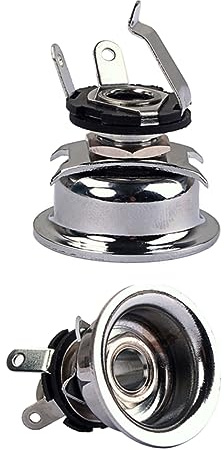 Silberne Gitarren Endpin Buchse Gt28a als 6, 35mm Stereo Ausführung | Eisen Kupfer, mit Mutter und Unterlegscheibe, für Gitarre und Bass, Glänzende Oberfläche