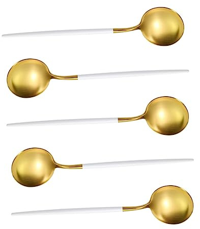 FUNNETOYU Cucharas Soperas de Acero Inoxidable Redondas 5 Piezas, Cucharas Pequeñas de Cocina Mango Cómodo, Utensilios para Hogar y Restaurante, Ideales para Sopa y Gachas