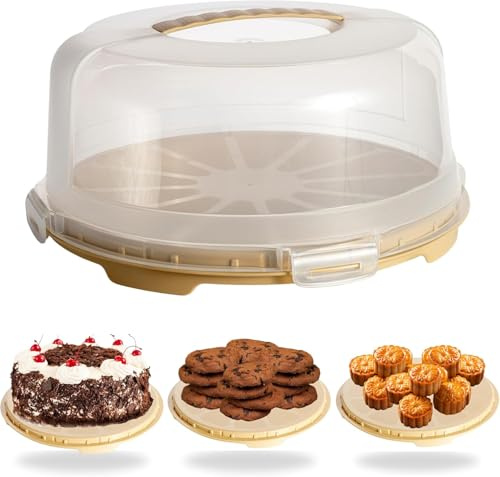 Buzztrove - Large Size | Cake Carrier with Handle | 30cm Tall Cake Storage Container with Airtight lid | Cake Storage Box with 4X Locking Lid for Cakes, Cupcakes, Pies & Pastries. (Cream)