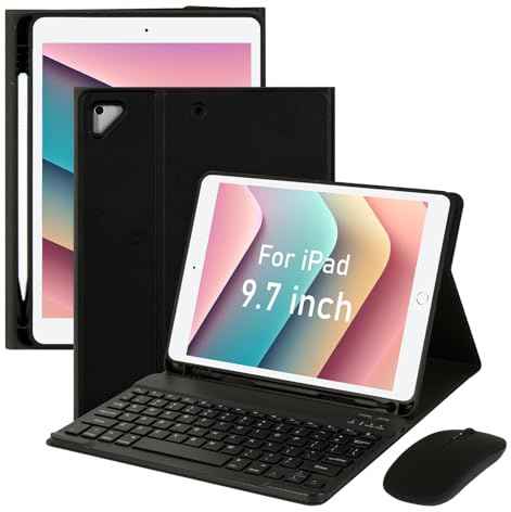 Custodia per iPad Pro da 9,7 pollici con tastiera e mouse per iPad 2018 (6a generazione)/2017 (5a generazione), iPad Pro/Air 2/1 2016, custodia con tastiera wireless Bluetooth con portapenne, nero