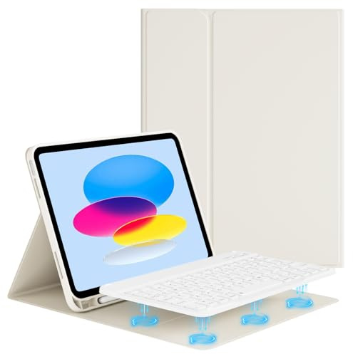 KTGGHG Étui-Clavier Bluetooth Intelligent pour iPad A16 11e/10e Génération | Housse Amovible avec Clavier Magnétique sans Fil pour iPad 11 Pouces 2025 / 10.9 2022 avec Porte Crayon, Blanc Crème