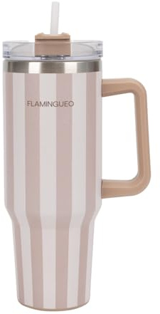 Flamingueo Termo 1,18L - Botella Agua Acero Inoxidable - Tumbler - Con Pajita y Asa - Bebidas Frías 24h y Calientes 10h - Vaso Termico - Beige