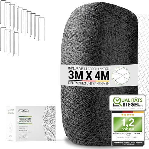 FISO® Teichnetz - 3x4m I Vogelschutznetz engmaschig, robust, witterungs- & UV-beständig I Schwarzes Teich Netz feinmaschig (15x15mm) I Netz zum Schutz von Teich, Balkon, Kirschbaum & Mehr