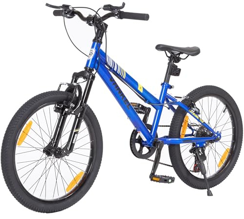 PVY Kinderfahrrad 20 Zoll für Jungen und Mädchen 6-10 Jahre, 6-Gang Kettenschaltung, V-Bremse, robuster Stahlrahmen, sicheres Mountainbike für Kinder, Blau