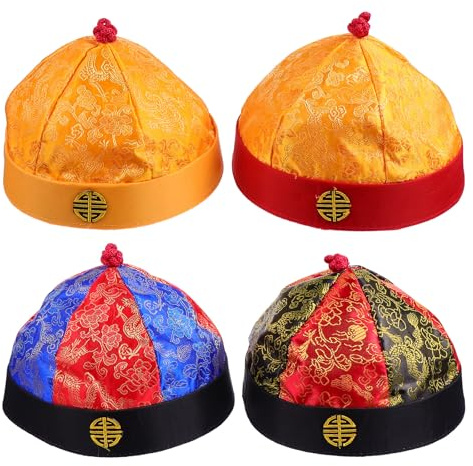 Uonlytech 4 Chapeaux de Déguisement Cosplay Style Chinois Ancien en Brocart avec Surface Lisse et Tresses, Accessoires Créatifs pour Adultes, Pack de 4 Pièces pour Performances