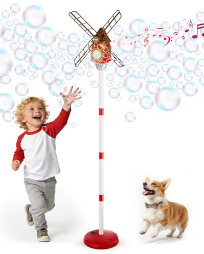 Belemar Windmill Bubble Machine for Kids, Standing Automatic Bubble Blower with Lights & Music, 51 Adjustable Height, 130ml Tank & Bubble Solution Included, Outdoor Garden Toy for Boys Girls