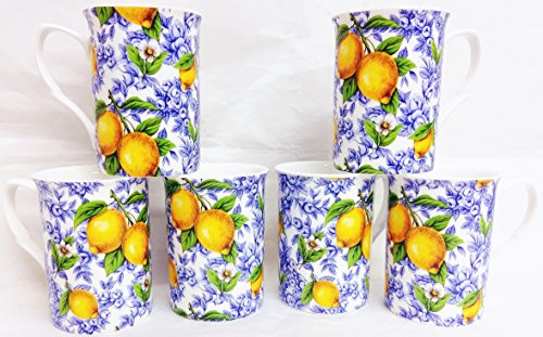 fromeuropewithlove Italian Lemons Mugs Set 6 Fine Bone China Mugs Lemon Italian Style Hand Decorated in the U.K.