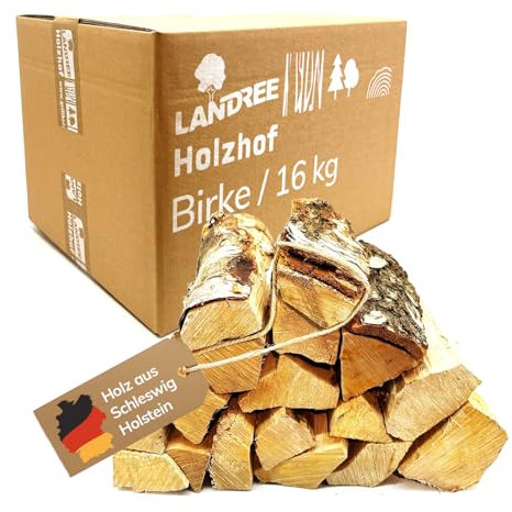 Landree Kaminholz Birke 16 kg für Kamin, Kaminofen, Lagerfeuer, Feuerschale und Ofen, 30 cm Scheitlänge, kammergetrocknet, Kaminofen Holz, Brennholz, Wood vom Familien-Holzhof aus Schleswig Holstein