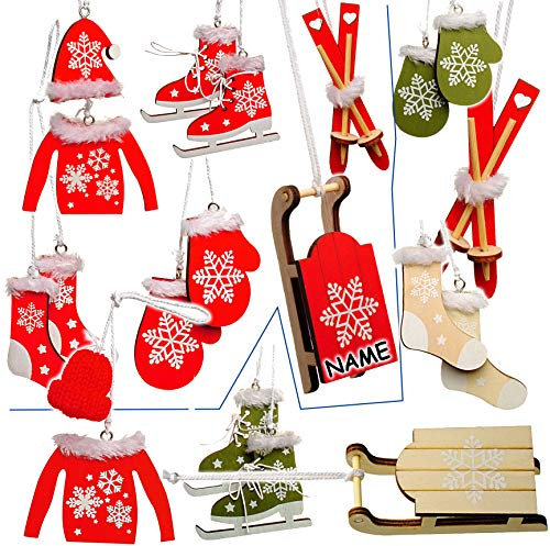 alles-meine.de GmbH 50 TLG. Deko Set - Winter & Weihnachten - Ski/Schlittschuhe/Schlitten - incl. Name - aus Holz - Miniatur/Diorama - Anhänger - Weihnachtsdeko/Winter..