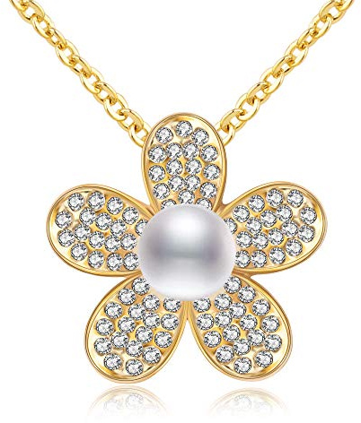 Kruckel Plaqué Or Champagne avec Cristaux/Collier/Pendentif en forme de Fleur avec Perle pour Femme / 5161010