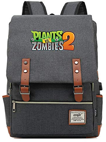 WANHONGYUE Spiel Plants vs. Zombies Backpack Vintage Schulrucksack Studententasche Schulranzen 15,6 Zoll Laptop Rucksack mit USB-Ladeanschluss Grey / 1
