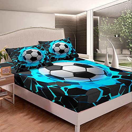 Juego de sábanas de fútbol para Dormitorio con temática Deportiva para niños, diseño de Pelota de fútbol 3D, sábana Bajera Ajustable para niños, diseño geométrico Hippie, Juego de Cama de 2 Piezas, t