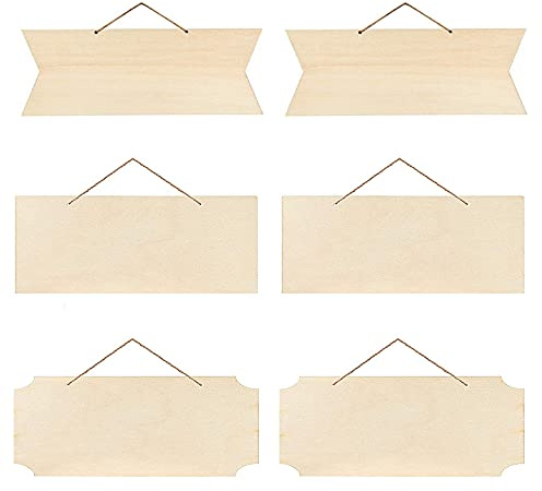 6 Stück Blanko Holzschilder, Rechteck Holz Plaketten, Hängende Holzschilder, 3 Designs, mit 2 Löchern und Juteseil, zum Aufhängen, Holzschild Schreiben, Heimdekoration, Basteln, Weihnachtsschmuck