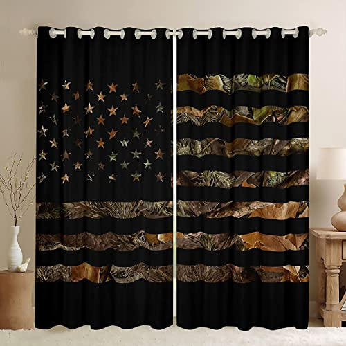 American Flag Camo Window Curtains 52Wx63L,Hunting Military Curtains Rustic Trees Leaves Camouflage Window Drapes For Bedroom Living Room Nature Conifer Oak Branches Window Treatments 2 Panel Set
