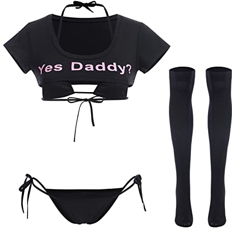 ABAFIP Women's Cute Kawaii Bikini Lingerie Set Yes Daddy Japanese Anime Cosplay Micro Tiny Bra G-String Crop Top Stockings 4 pieces underwear 2#Black - 4pcs stocking One Size