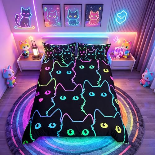 Loussiesd Cartoon Cat Bedding Set for Girls Boys Children Pet Cats Comforter Cover Cute Kitten Neon Light Duvet Cover Colorful 3D Animal Cat Lover's Double 3Pcs