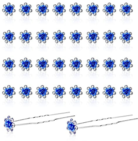 40 Pcs Les Épingles à Cheveux En Forme de U, Épingles à Cheveux Rose de Mariée, Pinces à Cheveux de Mariage Fleur Diamonte Accessoires de Cheveux Pour Mariage de Mariée Femmes et Fille (Bleu Royal)