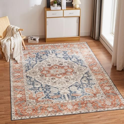 CHOSHOME Waschbarer Teppich Wohnzimmer 120x170CM Vintage Kurzflor Groß Weiche Teppich Mit Orient Design für Esszimmer Schlafzimmer rutschfest, Kunstwolle Boho Outdoor Orange