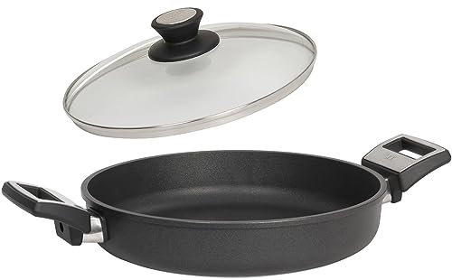 SKK große 2-tlg. Guss Paella-Pfanne Ø 32 cm - Induktion - hohe beschichtete Bratpfanne mit Seitengriffe & Deckel mit Edelstahlrand - Made in Germany