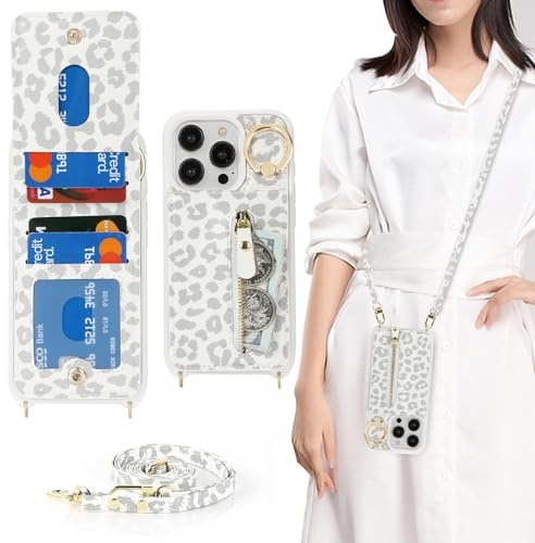 Zouzt Crossbody Wallet Case for iPhone 15 Pro, with Strap,White Leopard | Lanyard Purse, 4 Card Holder, 360° Ring Kickstand, PU Leather Zipper Handbag, Shockproof TPU, Back Flip Phone Cover for Women