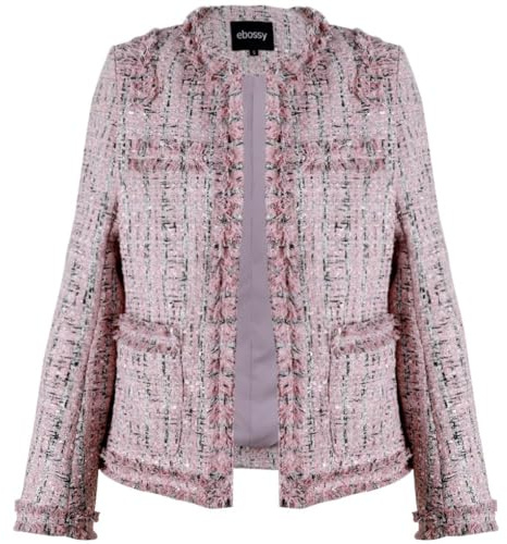Ebossy, Damen-Tweedjacke, elegant, offen geschnitten, mit Rundhalsausschnitt, Fransen und Karomuster, Pink, S