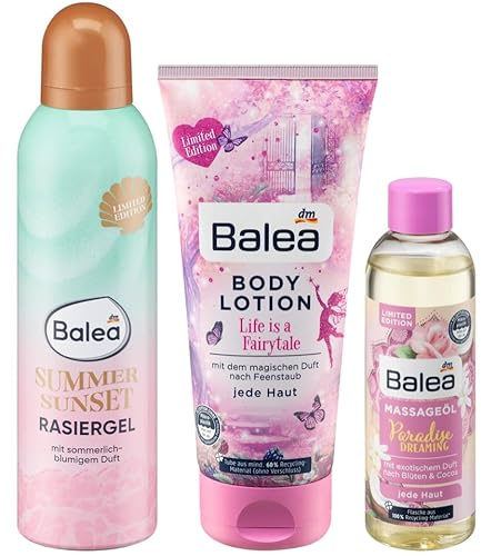 Balea 3er-Set Hautpflege: Rasiergel Summer Sunset sommerlich blumiger Duft, 200 ml + Bodylotion Life is a Fairytale, 200 ml + Massageöl Paradise Dreaming exotischer Blüten Cocos Duft, 100 ml (500 ml)