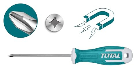 TOTAL - Destornillador Phillips - PH2-75mm - Punta Imantada - Mango Ergonómico Bimaterial - Acero Resistente a la Corrosión - Ideal para Reformas y Mantenimiento, Azul, PH0 x 75 mm, Hierro