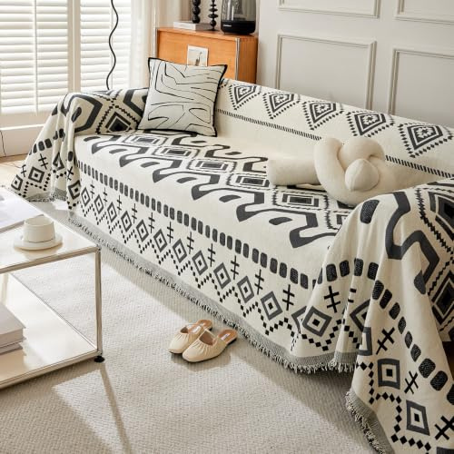 VanderHOME Chenille Sofa Überwurf Decke großer Couchdecke Überwurf Sofa Decke Wendbare Sofabezug, Sofadecken zum Abdecken, Tagesdecke mit dekorativen Quasten 180 * 340cm-Schwarz