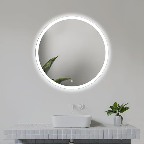 60cm LED Badrumsspegel, Badrumsspegel med Belysning Rund, Rund Spegel med naturlig vit LED-lampa på framsidan.
