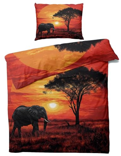 MOBEITI Afrika Bettwäsche 140x200, Sonnenuntergang Elefant Wendebettwäsche, Weiche Kuschelige Mikrofaser Bettbezug Set 2teilig, 1 Kissenbezug 70x90, mit Reißverschluss -MO&146
