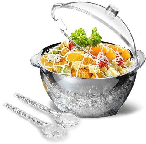 MHEOMTME MEHOEIME Large Ice Chill Salad Bowl with Lid, Iced Serving Bowl with Ice Chiller Base For Parties, Keep Food Cold at Party, Ice Chilled Tray, Long Spoons, Extra, Clear, MH-DSLW-C3