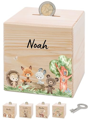 Bärenfreunde® - Personalisierte Spardose Kinder aus Holz mit Metallschloss - Spardose mit Namen mit kinderfreundlichem UV-Druck zum Sparen für Kinderträume (Waldtiere Baumstamm)