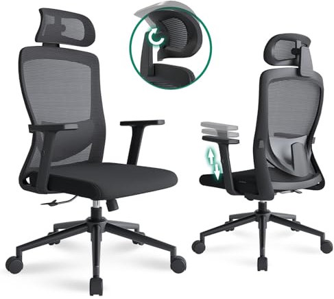 Eucladoceros Bürostuhl Ergonomisch Schreibtischstuhl mit Verstellbarer Lendenwirbelstütze, 2D-Kopfstütze und Armlehne,Ergonomischer Bürostuhl mit 120° Wippfunktion,Drehstuhl, Bürostuhle 150kg,Schwarz