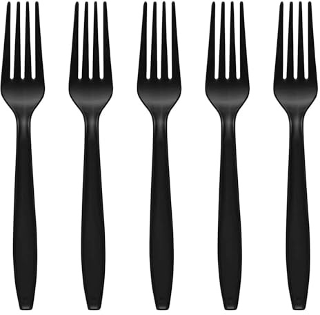 Tezraftaar® 200 x Tithe Heavy Duty Plastic Forks Reusable Black Cutlery Set BPA Free Durable Catering Wedding Kids Parties Picnic Traveling