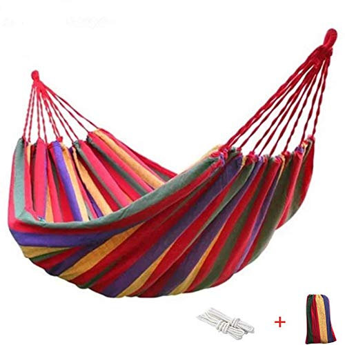 Tragbare Hängematte, Segeltuch-Hängematte, Outdoor-Camping-Hängematte, doppelt, 2-Personen-Leinwand-Hängematte, gebogene Spreizstange, einzelne, leichte Reise-Hängematte, Streifengarten, Blau, kein St