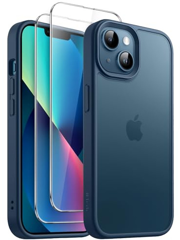 JETech 3-in-1 Matte Hülle für iPhone 13, Sturmblau | 2 Gehärtete Glas Schutzfolien, Matte Transluzent Handyhülle