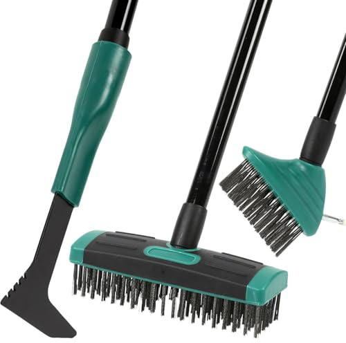 4 in 1 Telescopic Weed Remover Brush Wire Head | Paving & Decking Cleaner | Metal Broom & Weed Removal Tool | Adjustable Handle for Garden Maintenance | Green