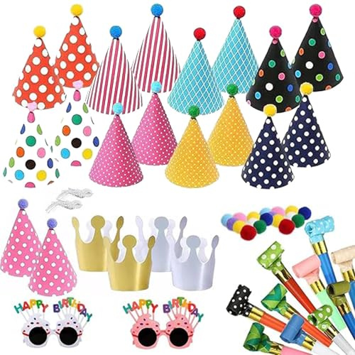 YSFVNP 34 Pcs Party Hats, Party Hats for Kids, Birthday Hat Birthday Cone blowers Colorful Adjustable for Boys Girls Kids Teenager Decoration