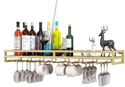 Weinregal Wand Metall Flaschenregal Wine Rack Schmal Bar Regal Wand Weinschrank Hausbar Barschrank mit Weinglashalter Weinständer Wandregal Küche für Esszimmer Bartheke Wohnzimmer(Gold,100cm(39.37in))