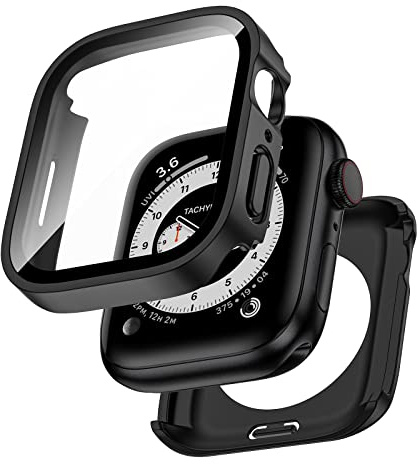 Kawoco 2 in 1 Wasserdichtes Hülle für Apple Watch Series 6/5/4/SE/SE2 44mm | Eingebaut Kratzfest Gehärtetes Glas Schutzfolie, HD Hochempfindliche Schutzhülle, Schwarz