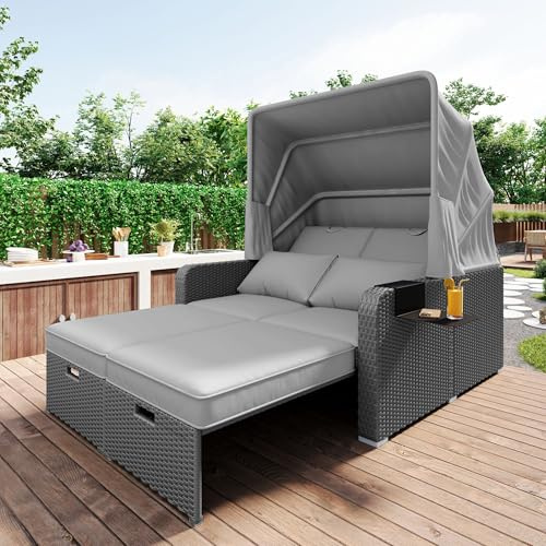 Huayz Poly Rattan Sonneninsel Gartenlounge Set, Sonneninsel Sitzgruppe mit Baldachin und Kissen, Outdoor Gartenmöbel Gartenliege Loungemöbel Terrassenmöbel, Wetterfest,Grau