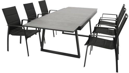 DEGAMO Gartenset Garnitur Reims 7-teilig (6X Stapelsessel schwarz, 1x Ausziehtisch 180/240x100), Alu anthrazit + Tischplatte Glas in Keramikoptik dunkelgrau