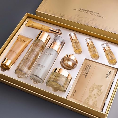 O'KADY Peptide Skincare Set, 10Pcs Anti-Aging & Firming Face Care Kit for Women, Hydrating Refreshing Daily Skin Care Routine Gift Set with Cleanser, Toner, Serum, Cream - for All Skin Types
