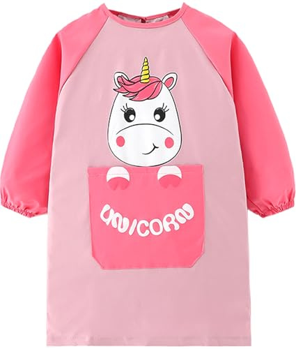 HIQUACC Kids Waterproof Art Smock with Long Sleeves - Graffiti Painting Crafting Apron for Toddlers Children (Pink-S)