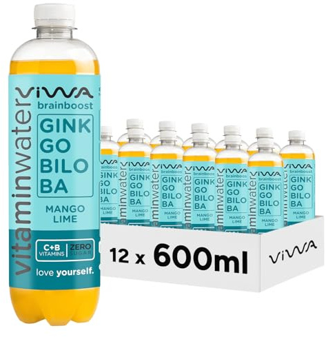VIWA VITAMIN WATER Bebida Refrescante Cero Azúcar con Ginkgo Biloba y Vitaminas C y B. Sabor Mango, Lima y Lichi, 600ml, Pack de 12, BrainBoost